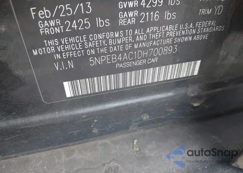 2013 Hyundai Sonata Gls из США, поврежденный, VIN 5NPEB4AC1DH700893